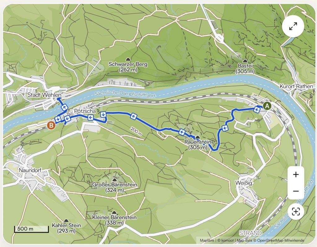 Kartenansicht Wanderung Rathen nach Wehlen über die Rauensteine in der Sächsischen Schweiz
